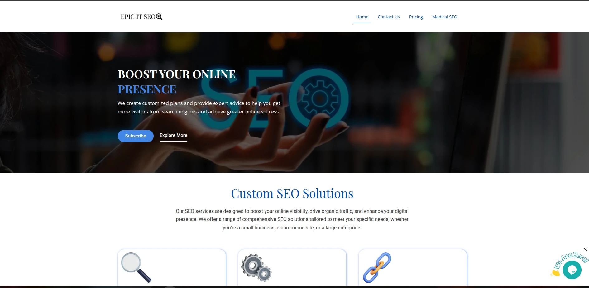 Epic IT SEO homepage showing its online presence banner, navigation, and custom SEO solutions.