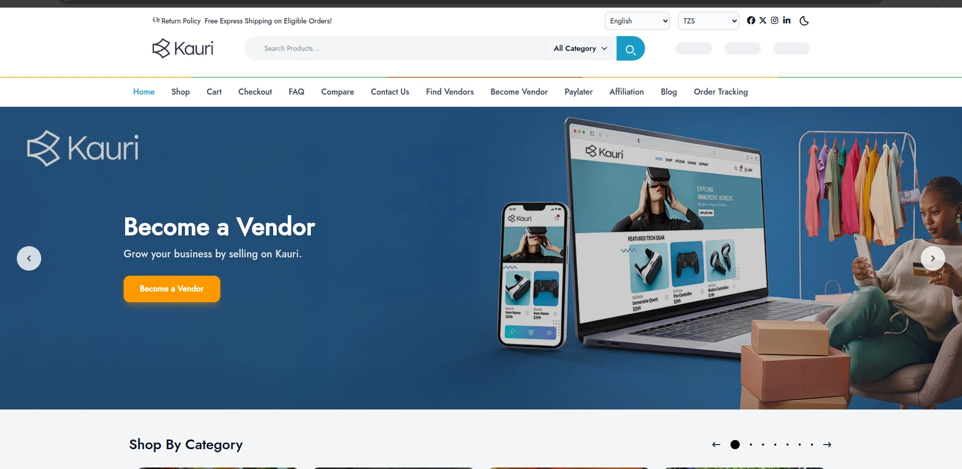 Kauri marketplace homepage showing vendor onboarding, shopping navigation, Pay Later, and affiliate links.