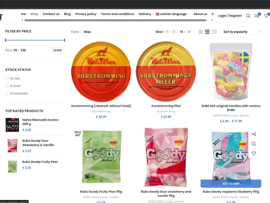 ZviedruGardumi online store showing Swedish sweets and delicacies